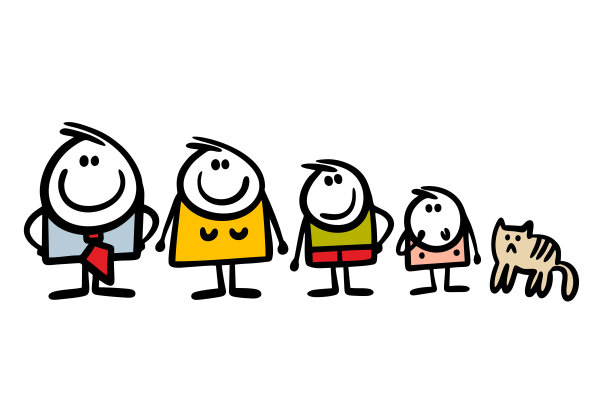 成人和儿童亲属的家庭照片矢量插图的妈妈，爸爸，儿子，女儿和婴儿与猫。图片下载