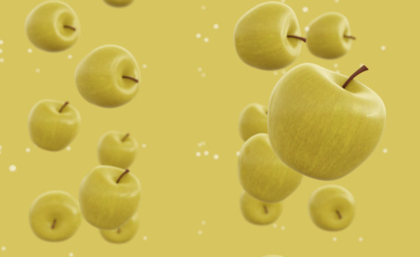 许多飞苹果孤立在绿色上。绿苹果落下来的水滴在坚实的绿色背景。图片下载