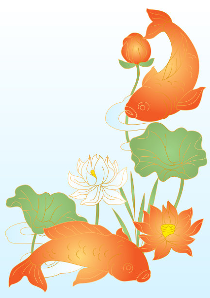东方鱼莲插画。中国和日本的传统背景。图片下载