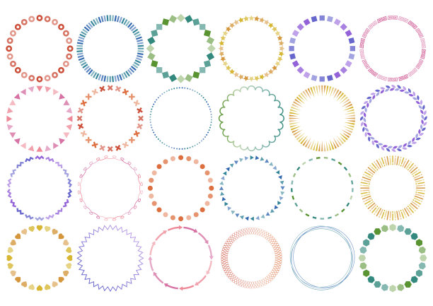 一套彩色几何圆形框架设计。简单的装饰图案，如圆点、线条、三角形和正方形。矢量插图。图片下载
