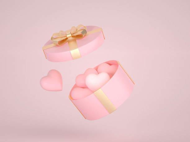 一款以爱情和情人节为主题的礼盒，配以鲜红的丝带，心形图片下载