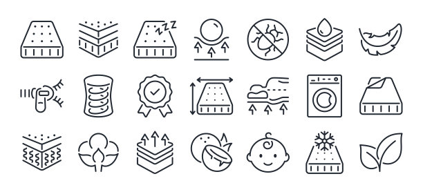 床垫相关的可编辑的笔画轮廓图标集隔离在白色背景平面矢量插图。像素完美。64 × 64。图片下载