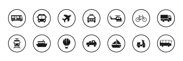 运输图标。飞机，公共汽车，火车，渡轮和汽车标志。航运交货符号。图片下载