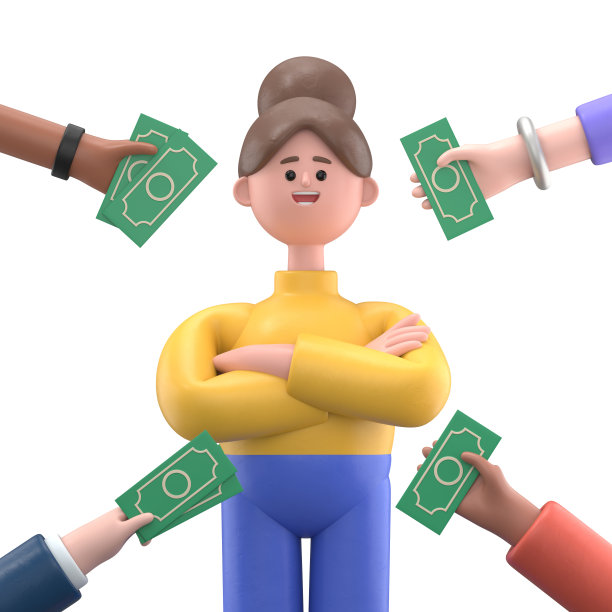 3D插图：微笑的亚洲女性安吉拉是受欢迎的专家，许多建议，人们把钱握在手里，商业人士，高技能，员工竞争图片下载