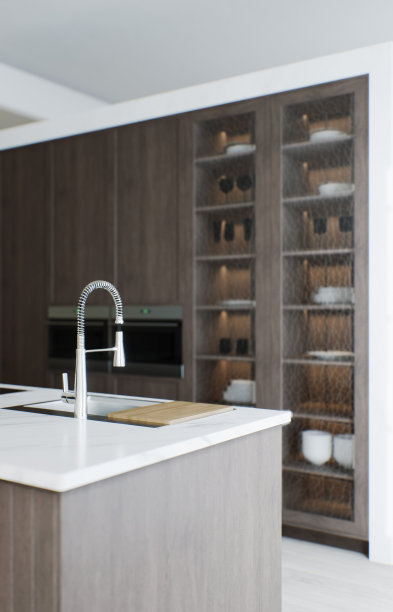 厨房的极简主义。木制厨房，有大的长条形长凳和酒吧凳。厨房与大理石的顶部和木制的底部。三维渲染图片下载