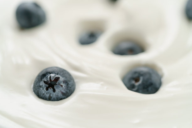 有机酸奶与新鲜蓝莓的微距照片图片下载