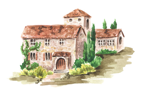 托斯卡纳酒庄。手绘水彩插图孤立的白色背景图片下载