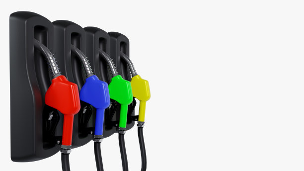3d渲染彩色汽油泵填充喷嘴，燃油泵加油站在孤立的白色背景图片下载