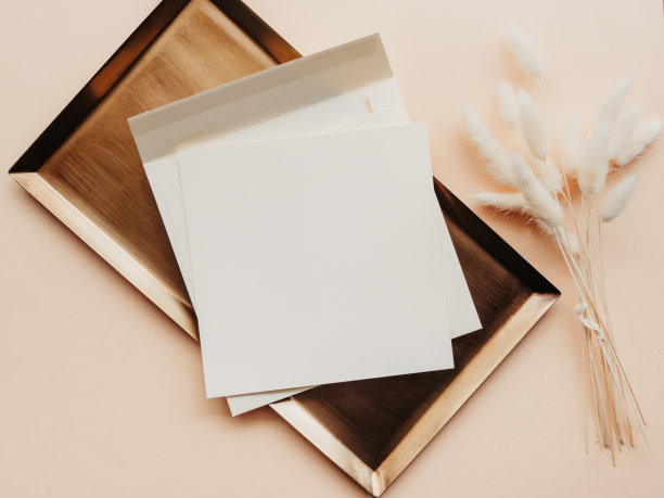 白色空白纸方卡模型，信封和干花枝在金色托盘上米色背景。图片下载