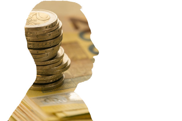 双重曝光人和欧元钱。纸币和欧分白色背景上的男性剪影。企业教练图片下载