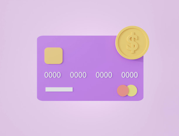 3D信用卡和硬币图标上孤立的紫色背景。网上购物和用信用卡付款。支付概念为网上购物，商业和金融，银行。3 d渲染,插图。图片下载