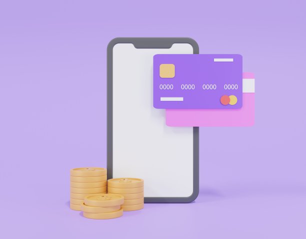 移动信用卡和硬币美元在紫色的背景。智能手机上的移动钱包。支付概念为网上购物，商业和金融，银行。带有信用卡图标的手机。3 d渲染,插图图片下载