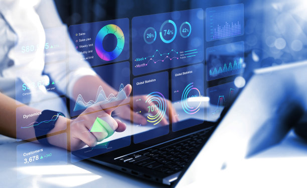 企业财务数据分析图。财务管理技术。在虚拟屏幕上使用KPI仪表板的顾问。图片下载