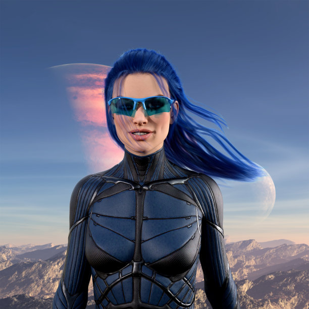 一个漂亮的女人，戴着蓝色的太阳镜，穿着身体服在一个外星世界的插图。图片下载