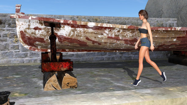 一个女人走过一艘停在看台上的小船。图片下载