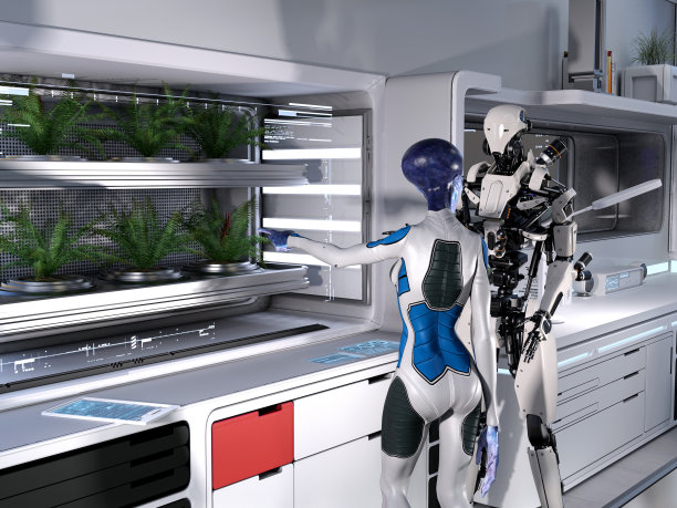 一个蓝色皮肤的外星人指着正在生长的植物并指挥机器人的插图。图片下载