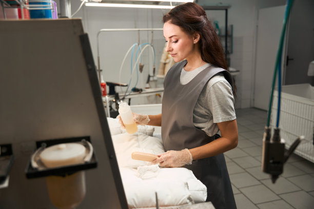 女干洗工检查物品并使用去污剂图片下载