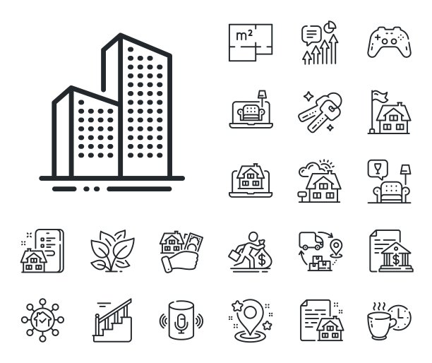 摩天大楼线条图标。城市建筑标志。小镇。平面图、楼梯和休息室。向量图片下载