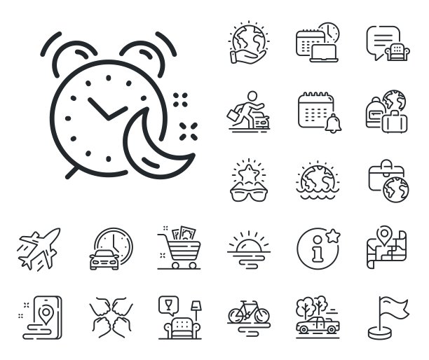 闹钟线图标。夜间睡眠时间标志。飞机、旅行地图和行李领取处。向量图片下载