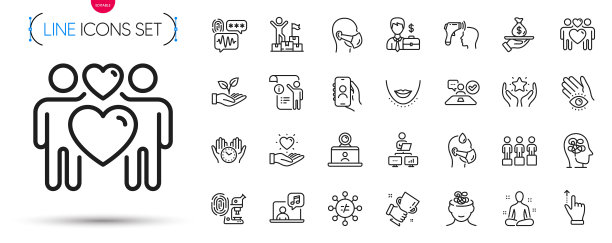 包视频会议，公平和生病的人线图标。象形图图标。向量图片下载