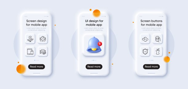云同步、购车和约会App线性图标包。适用于Web应用。3D手机模型。矢量图片下载