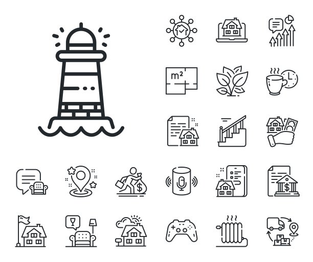 灯塔线图标。探照灯塔标志。灯塔。平面图、楼梯和休息室。向量图片下载