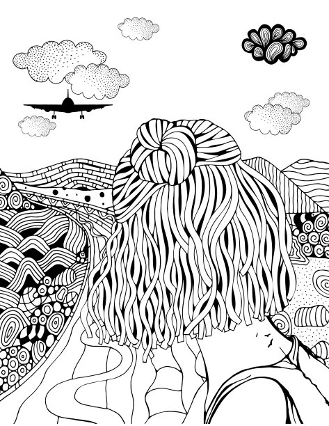 这个女孩望着远方。飞机在云层上飞走了。漫漫长路，千山万水。抗压力焦虑缓解成人着色书。黑白矢量。8.5 x 11英寸的书图片下载
