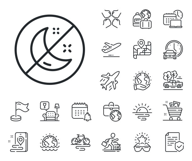 失眠线图标。没有睡眠迹象。飞机、旅行地图和行李领取处。向量图片下载