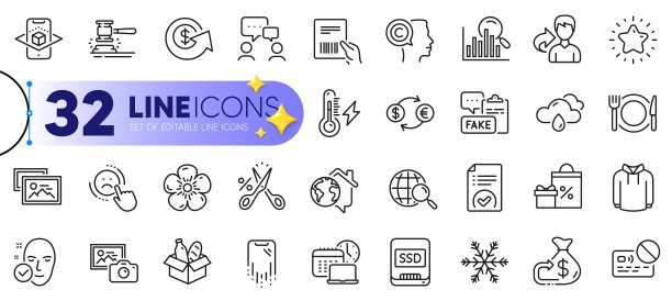 概述一套美元兑换，电力和Ssd线图标。用于web应用程序。矢量图片下载