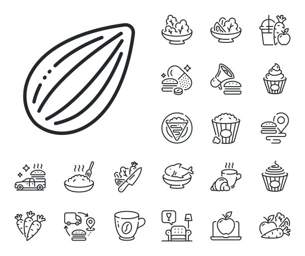 杏仁坚果线图标。美味的坚果标志。素食食物。可丽饼、甜爆米花和沙拉。向量图片下载