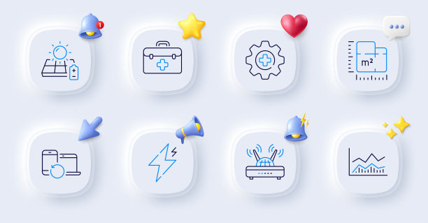 太阳能电池板，医药和贸易信息图表线图标。对于web应用程序，打印。向量图片下载