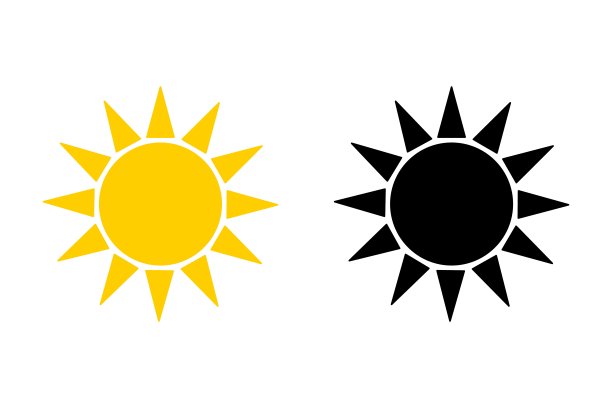 太阳图标集。用作天气、阳光、自然图标或标志的黄色太阳和黑色剪影矢量素材图片下载