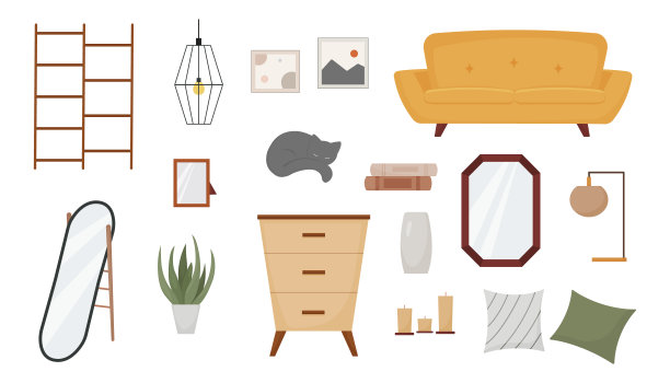 一套家具和装饰元素，室内项目收集，沙发，植物，梳妆台，书籍，花瓶，灯，镜子，枕头，矢量现代插图图片下载