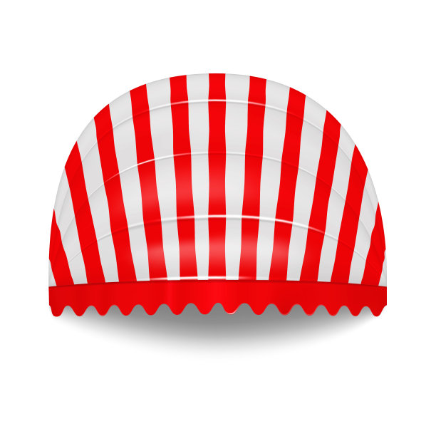条纹红色和白色圆门遮阳篷现实向量。扇贝边缘树冠。窗户帐篷屋顶餐厅，咖啡馆，酒店或商店。设计模板图片下载