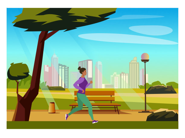 城市公园与游客平面彩色矢量插图。可持续社区。图片下载