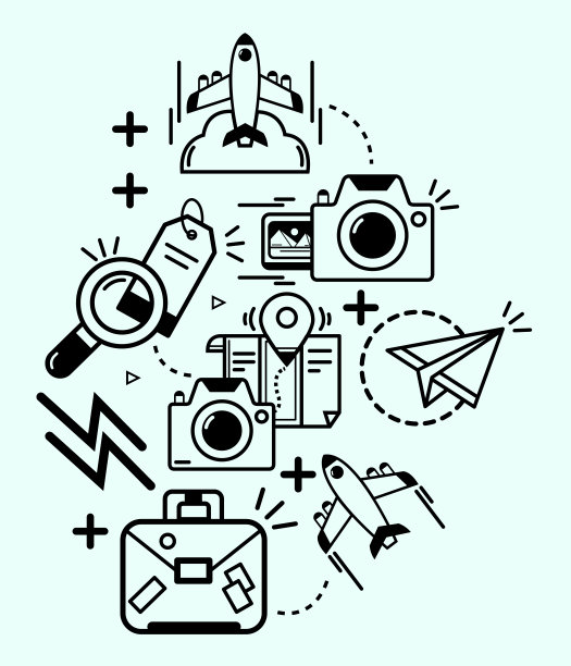 一套飞机，行李，相机和地图位置图标。旅行的概念。图片下载