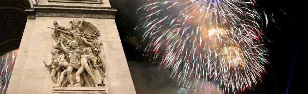 法国巴黎凯旋门上空五颜六色的庆祝烟花图片下载
