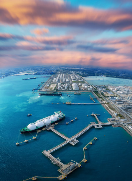 LNG(液化天然气)油轮锚定在天然气终端的储气罐中进行储存。石油、原油、天然气运输船。油船湾液化石油气、石油化工或甲烷货轮进出口运输及物流图片下载