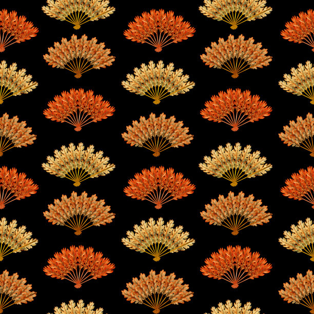 水彩手绘无缝图案与插图的手扇与秋天的橡树叶收获聚会，万圣节，生日聚会，垃圾和卡片，邀请。元素被隔离在黑色背景上图片下载