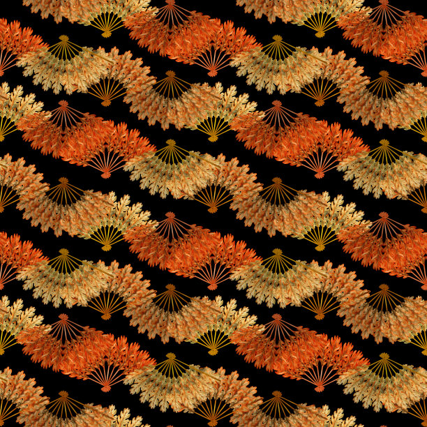 水彩手绘无缝图案与插图的手扇与秋天的橡树叶收获聚会，万圣节，生日聚会，垃圾和卡片，邀请。元素被隔离在黑色背景上图片下载