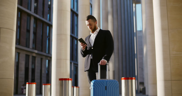 西装革履的英俊商人提着行李箱站在机场候机楼外，用着手机图片下载