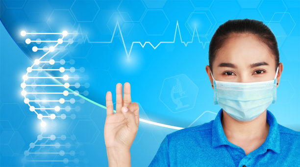 女医生在蓝色背景上隔离，大脑和人体愈合，技术现代医学和未来的全球医学用测试分析克隆DNA人类图片下载