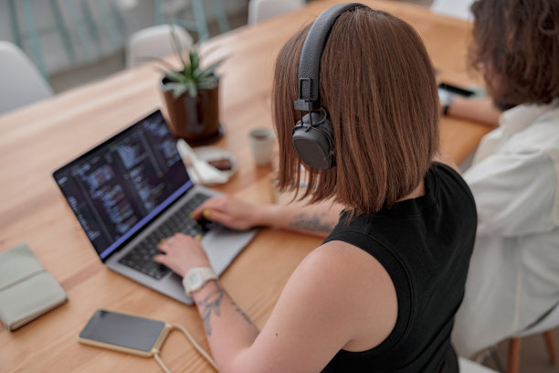 后视图，年轻的女程序员在笔记本电脑上写程序代码，而坐在现代共同工作图片下载