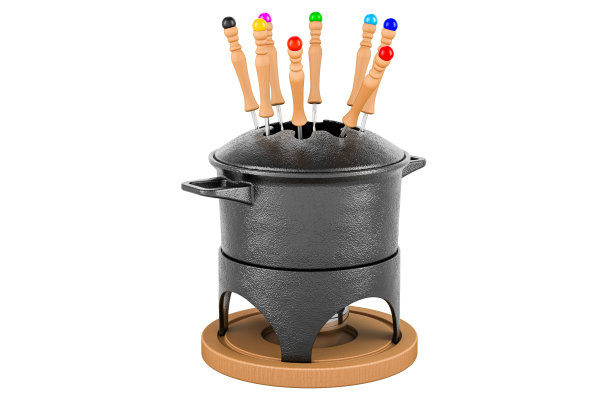 芝士火锅集。铸铁火锅锅与叉子，3D渲染图片下载