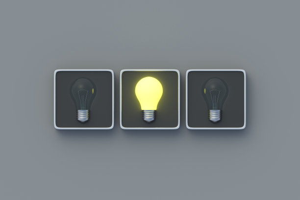有前途的发现。按钮上有发光的灯泡。人工智能。创新突破。正确的结论。新发明。成功的投资。创新创业。三维渲染图片下载