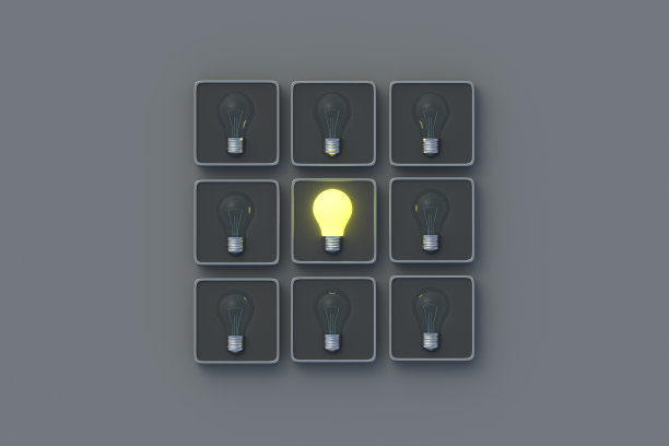 创新突破。按钮上有发光的灯泡。人工智能。正确的结论。新发明。成功的投资。创新创业。有前途的发现。三维渲染图片下载