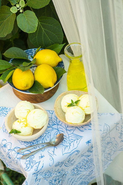 碗里的柠檬冰淇淋。自制柑橘柠檬冰淇淋加薄荷。图片下载