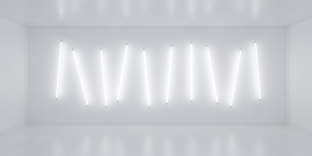 明亮的舞台间，有复印空间，墙上有发光的led灯。三维渲染图片下载