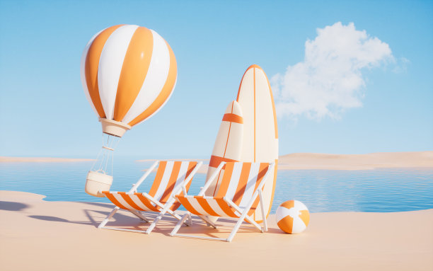 沙滩椅和冲浪板，假期和放松，3d渲染。图片下载