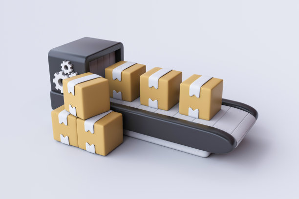 纸板箱和传送带的3d渲染。图片下载